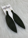 Large Leather Fringe Feather Earrings Olive Shimmer
