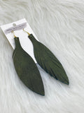 Large Leather Fringe Feather Earrings Olive Shimmer
