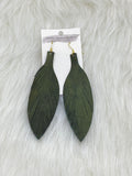 Large Leather Fringe Feather Earrings Olive Shimmer