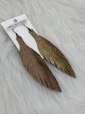 Large Leather Fringe Feather Earrings Brassy Gold