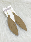 Large Leather Fringe Feather Earrings Light Brass Gold