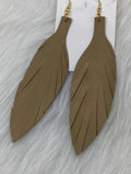 Large Leather Fringe Feather Earrings Light Brass Gold