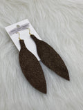 Large Leather Fringe Feather Earrings Brown Gold Glitter