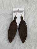 Large Leather Fringe Feather Earrings Brown Gold Glitter