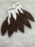 Large Leather Fringe Feather Earrings Brown Gold Glitter