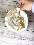 Handmade Upcycled quilt beanie hat tan and cream