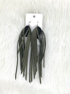 XL Fringe Leather Earrings Olive Green