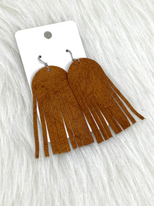 Round top Fringe Leather Earrings Brown Crinkle