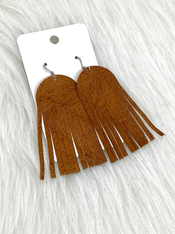 Round top Fringe Leather Earrings Brown Crinkle