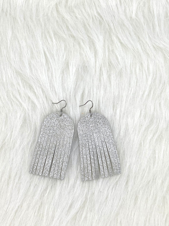 Round top Fringe Leather Earrings Silver