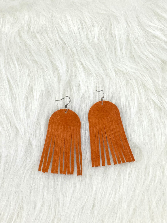 Round top Fringe Leather Earring Orange Suede