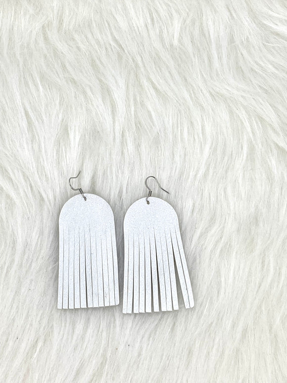 Round top Fringe Leather Earrings White