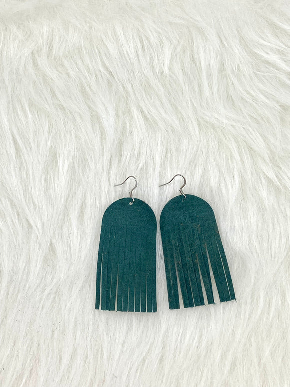 Round top Fringe Leather Earrings Hunter Green