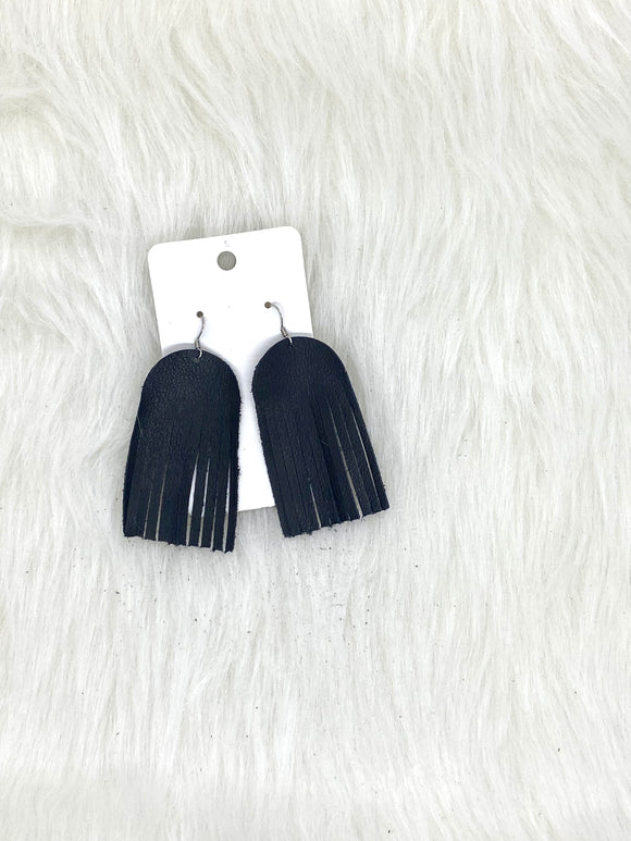 Round top Fringe Leather Earrings Black