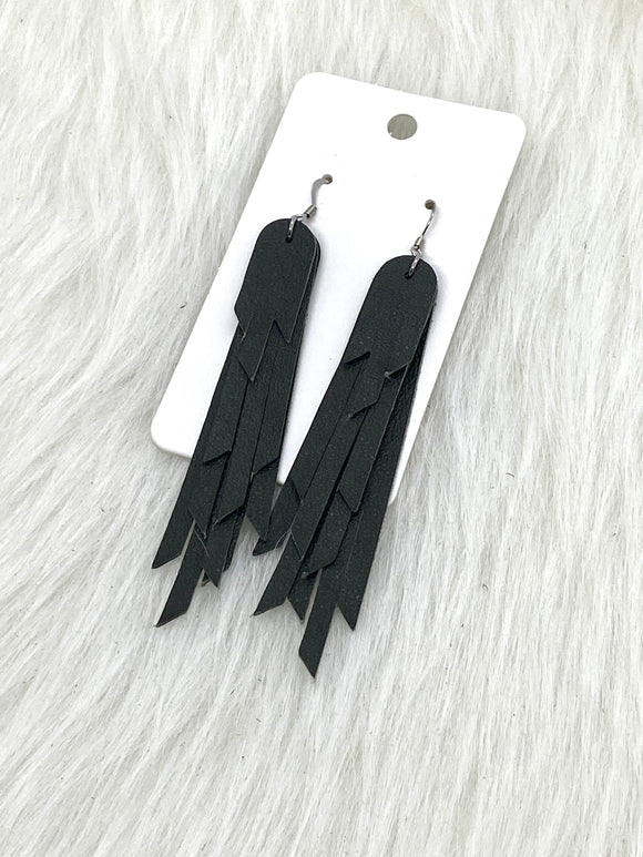 Layered Fringe Leather Earrings Olive Green