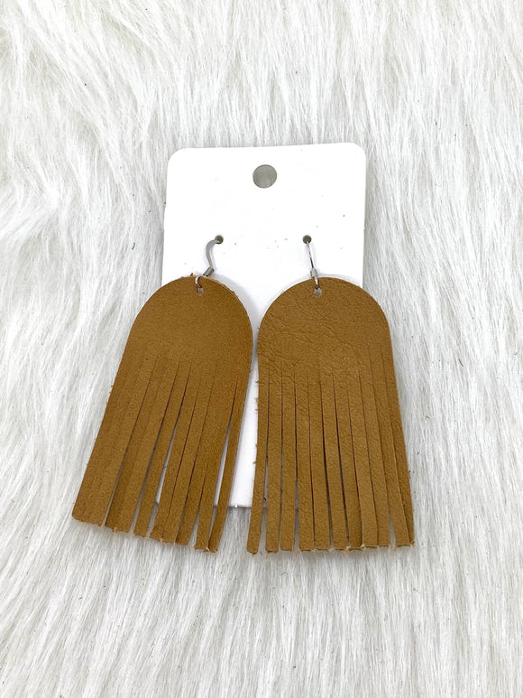 Round top Fringe Leather Earrings Dark Mustard Brown