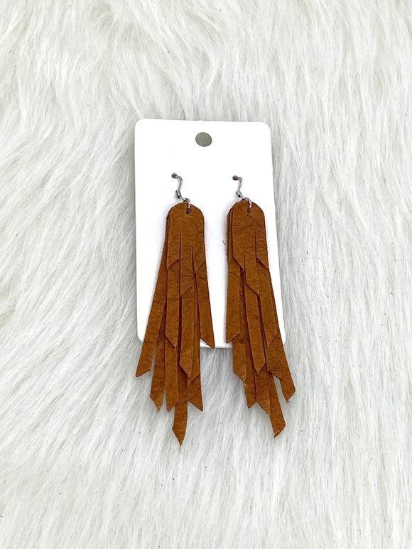Layered Fringe Leather Earrings Textured Brown