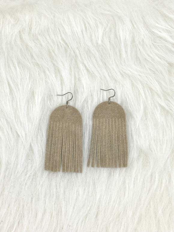 Round top Fringe Leather Earrings Tan Suede