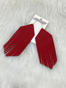 Large Boho Fringe Leather Earrings Red