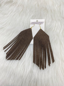 Large Boho Fringe Leather Earrings Brown Gold Glitter