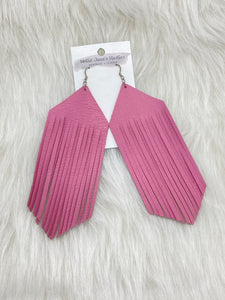 Large Boho Fringe Leather Earrings Pink