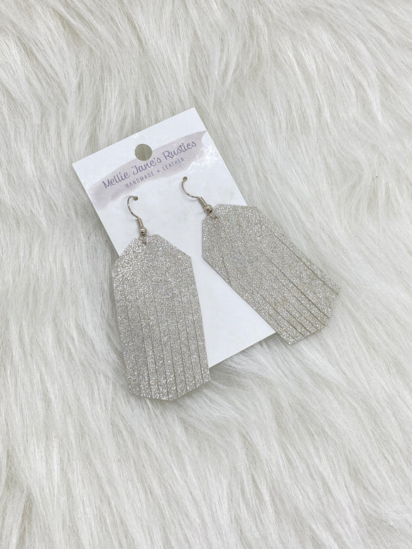 SmallBoho Fringe Leather Earrings Silver Glitter