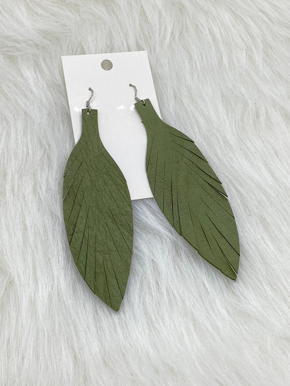 Large Leather Fringe Feather Earrings Olive Green