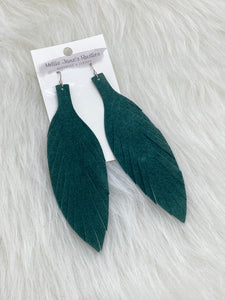 Large Leather Fringe Feather Earrings Dark Green Suede