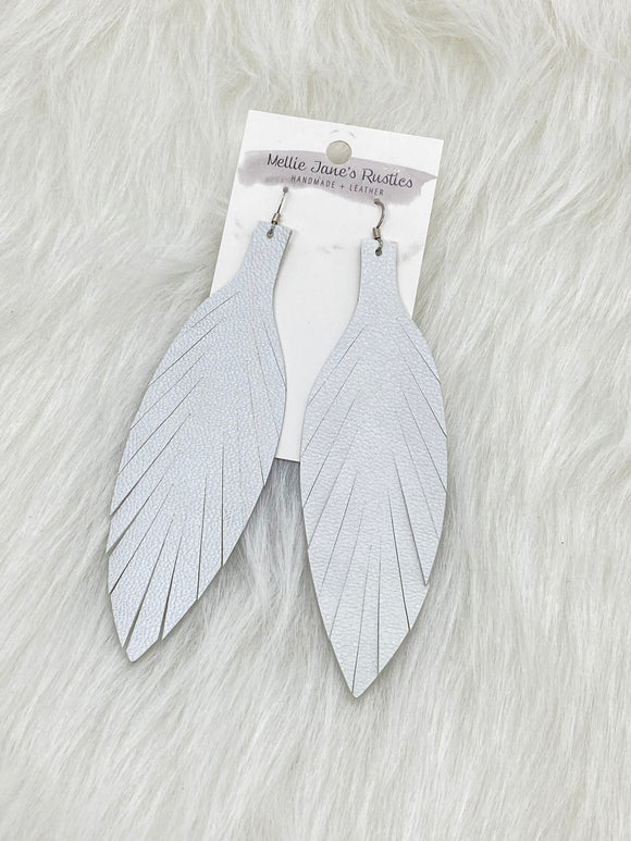 Large Leather Fringe Feather Earrings White