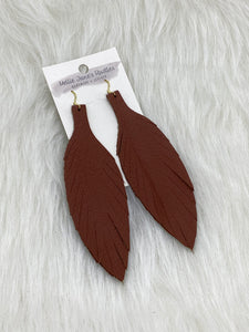 Large Leather Fringe Feather Earrings Clay Brown