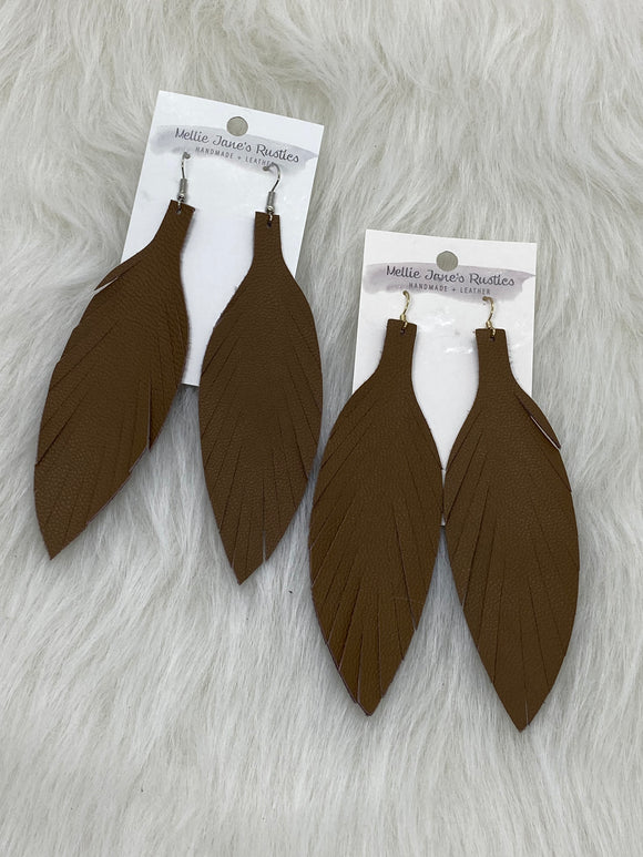 Large Leather Fringe Feather Earrings Light Brown