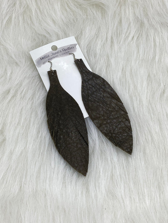 Large Leather Fringe Feather Earrings Dark Olive