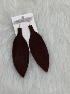 Large Leather Fringe Feather Earrings Rust Brown