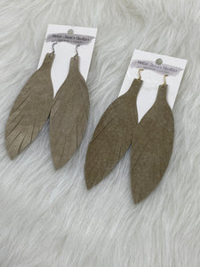 Large Leather Fringe Feather Earrings Tan Suede