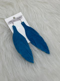 Large Leather Fringe Feather Earrings Dark Teal Suede