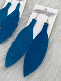 Large Leather Fringe Feather Earrings Dark Teal Suede