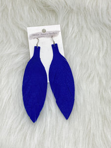 Large Leather Fringe Feather Earrings Royal Blue