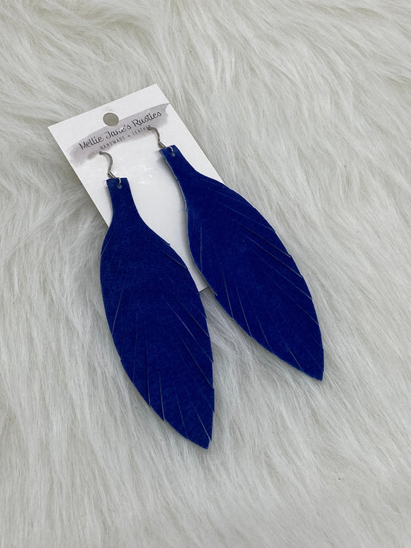 Large Leather Fringe Feather Earrings Royal Blue Suede