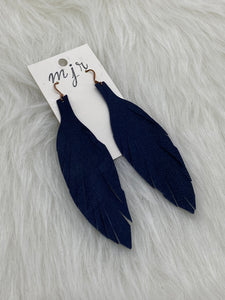 Large Leather Fringe Feather Earrings Dark Navy Blue