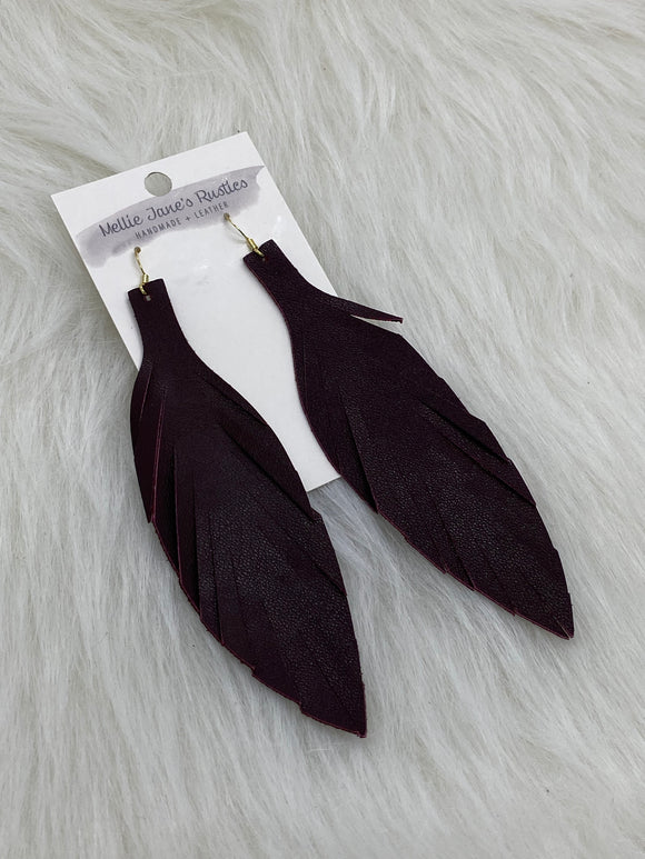 Large Leather Fringe Feather Earrings Dark Burgundy