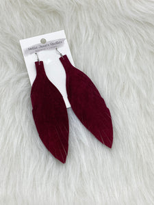 Large Leather Fringe Feather Earrings Maroon Suede