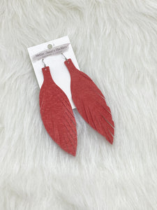 Large Leather Fringe Feather Earrings Salmon Pink