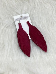 Large Leather Fringe Feather Earrings Magenta Suede