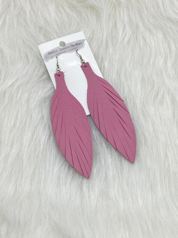 Large Leather Fringe Feather Earrings Rose Pink