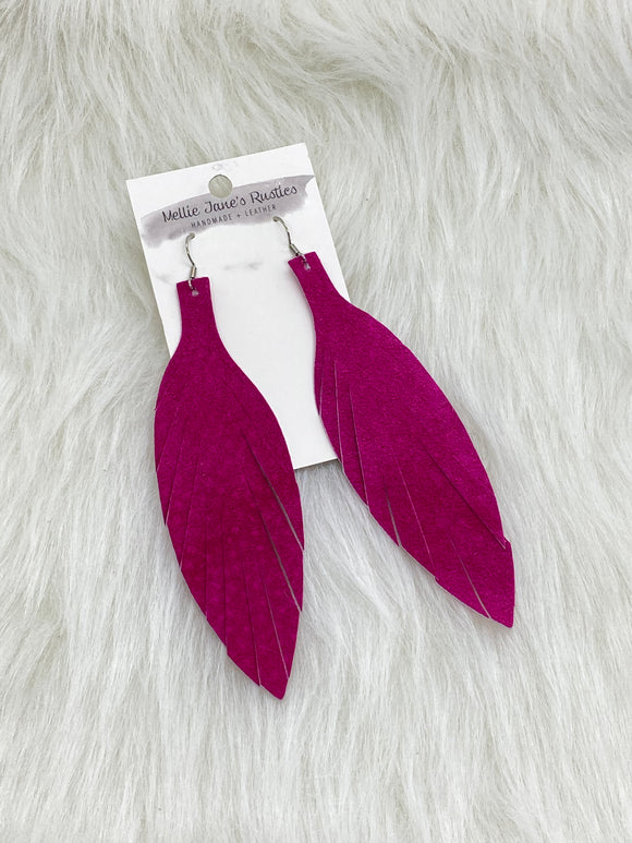 Large Leather Fringe Feather Earrings Bright Pink Suede