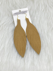 Large Leather Fringe Feather Earrings Gold Tone Glitter