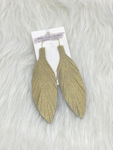 Large Leather Fringe Feather Earrings Glittery Gold