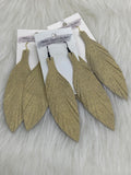 Large Leather Fringe Feather Earrings Glittery Gold