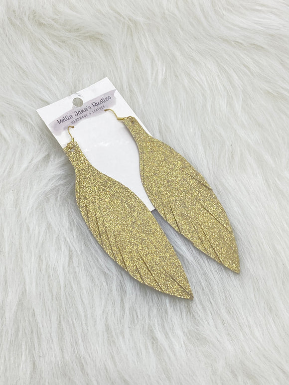 Large Leather Fringe Feather Earrings Gold Glitter