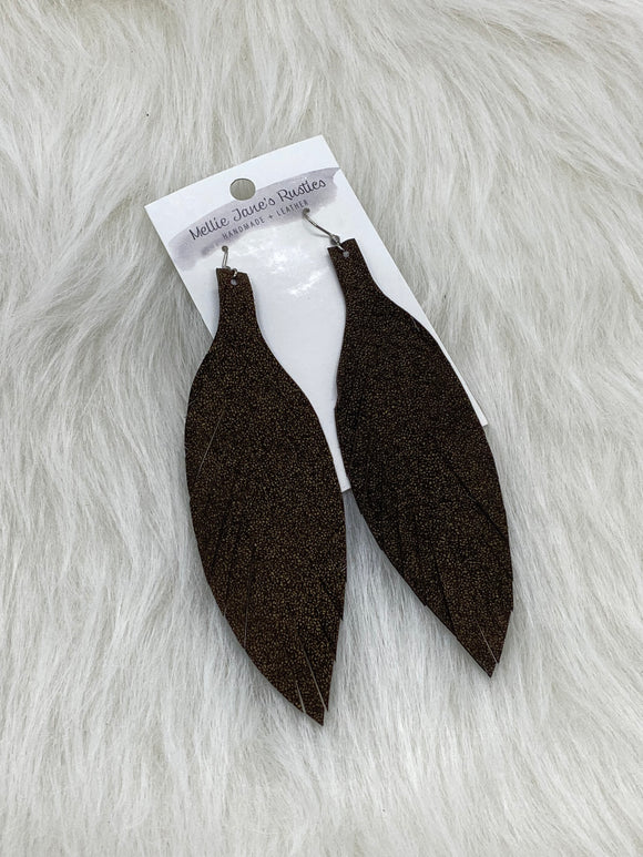 Large Leather Fringe Feather Earrings Dark Brown Glitter